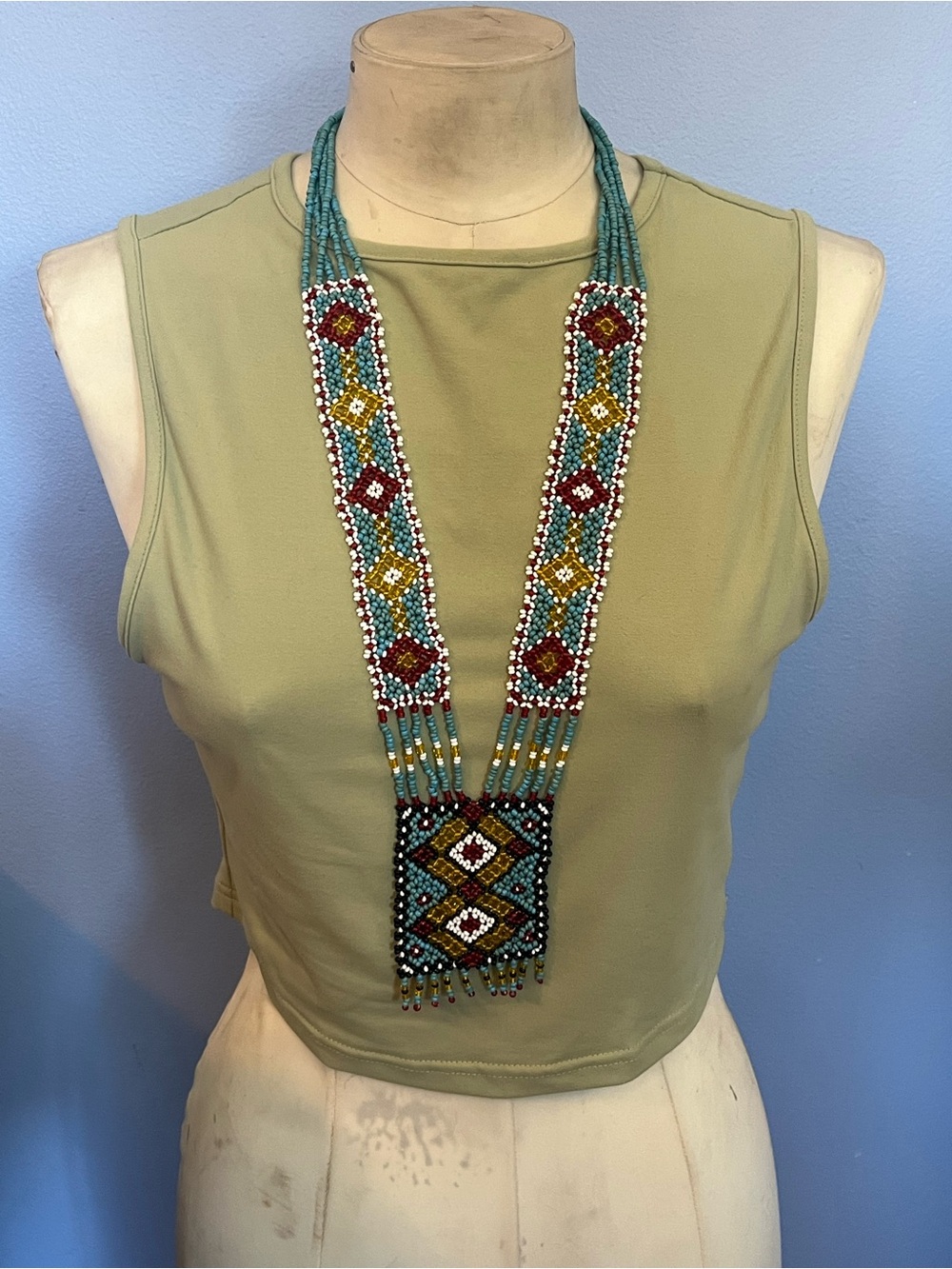 Handmade Turquoise Beaded Statement Necklace with Red & Gold Accents